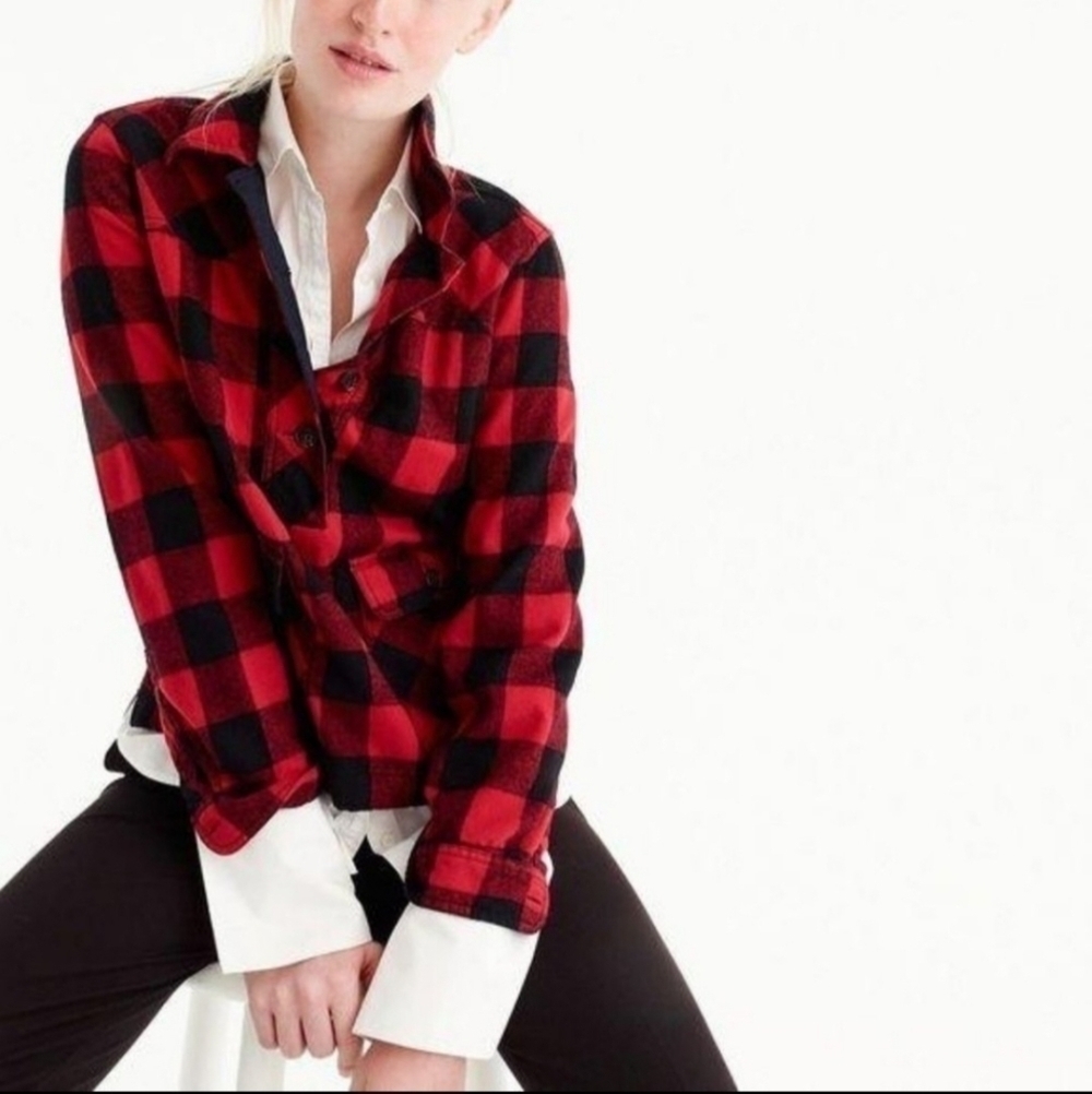 J. CREW Shirt Jacket Pullover Buffalo Plaid Black Red Women's Large L Shacket